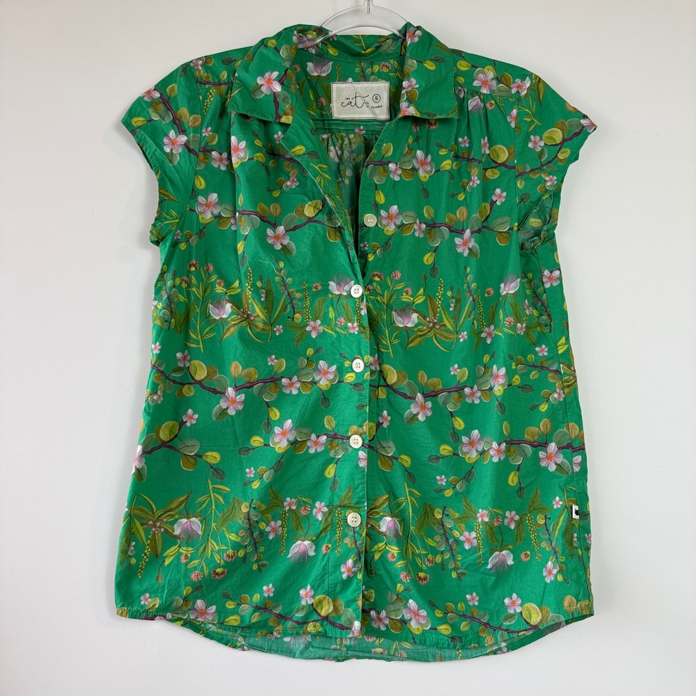 The Cat's Pajamas Top Women S Green Floral 100% Cotton Button Front Cap Sleeve